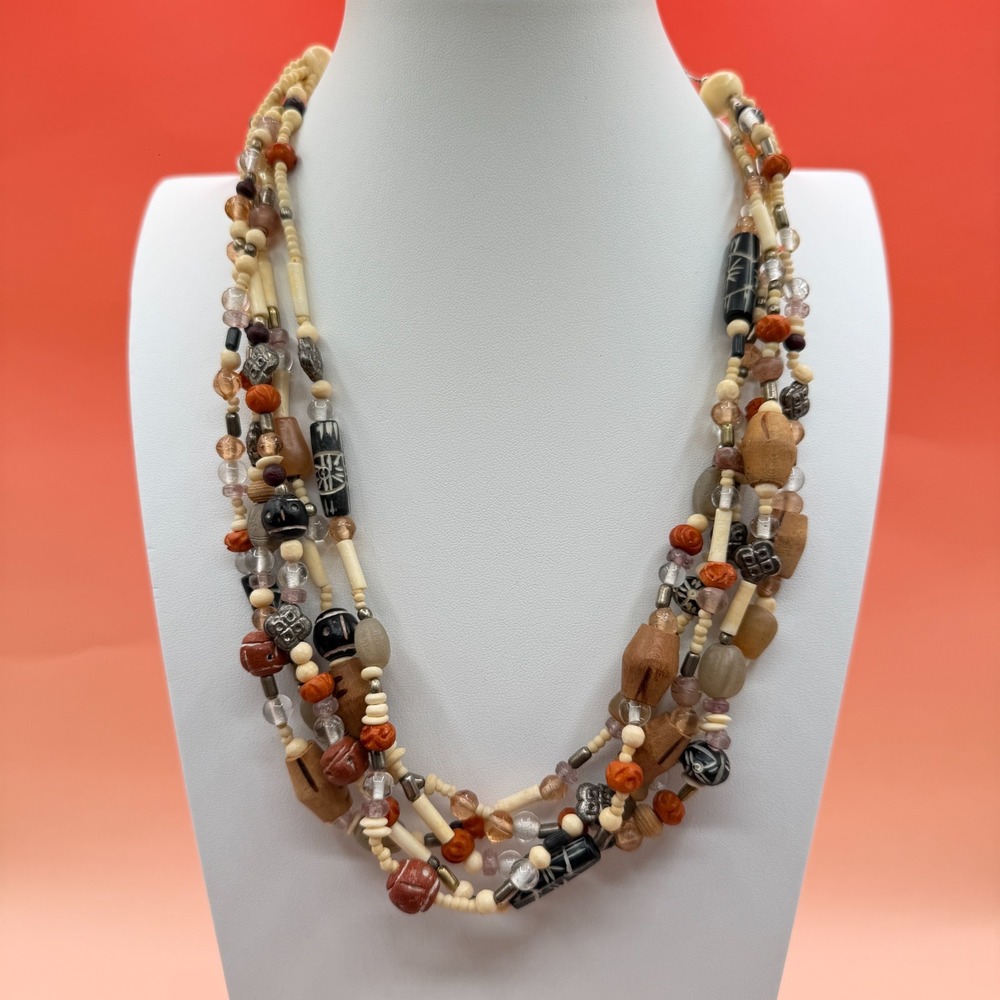 Multi Strand Boho Mixed Bead Long Necklace Wood Glass Tribal Statement Vintage